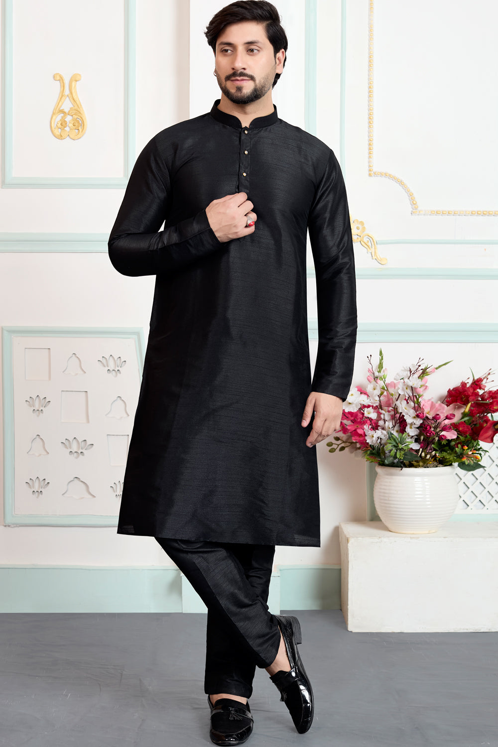 Black Art Silk Mens Kurta Pajama (NMK-8861)