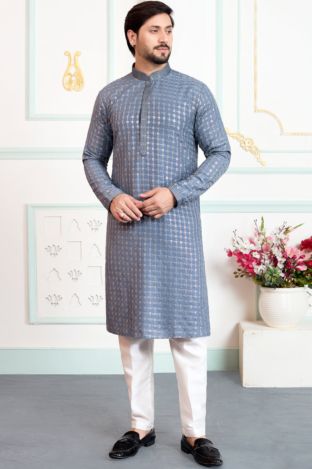 Blueish Grey Art Silk Kurta Pajama (NMK-8863)