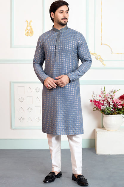 Blueish Grey Art Silk Kurta Pajama (NMK-8863)