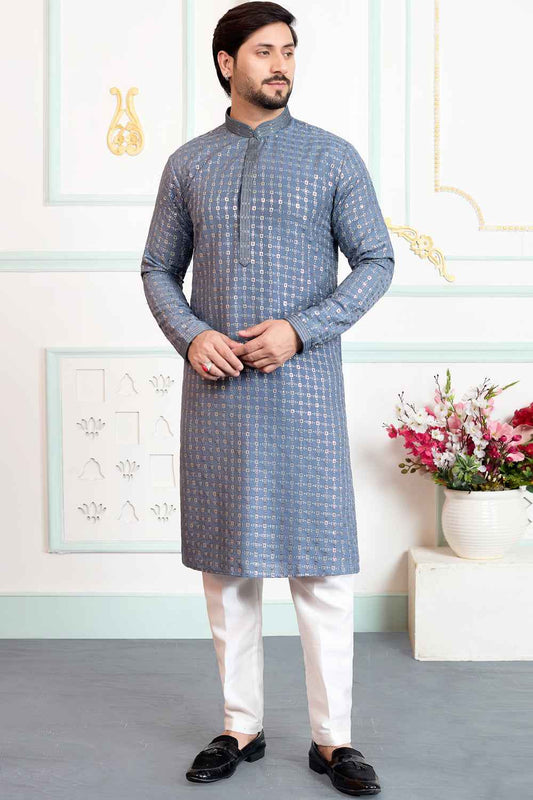 Blueish Grey Art Silk Kurta Pajama (NMK-8863)