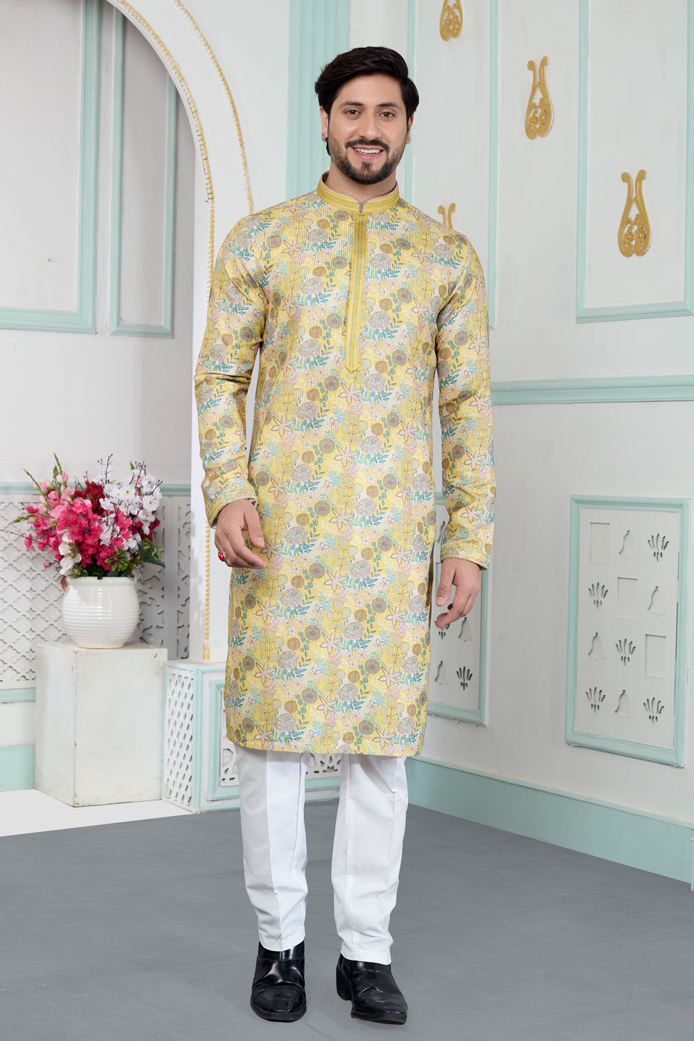 Yellow Art Silk Kurta Pajama (NMK-8865)