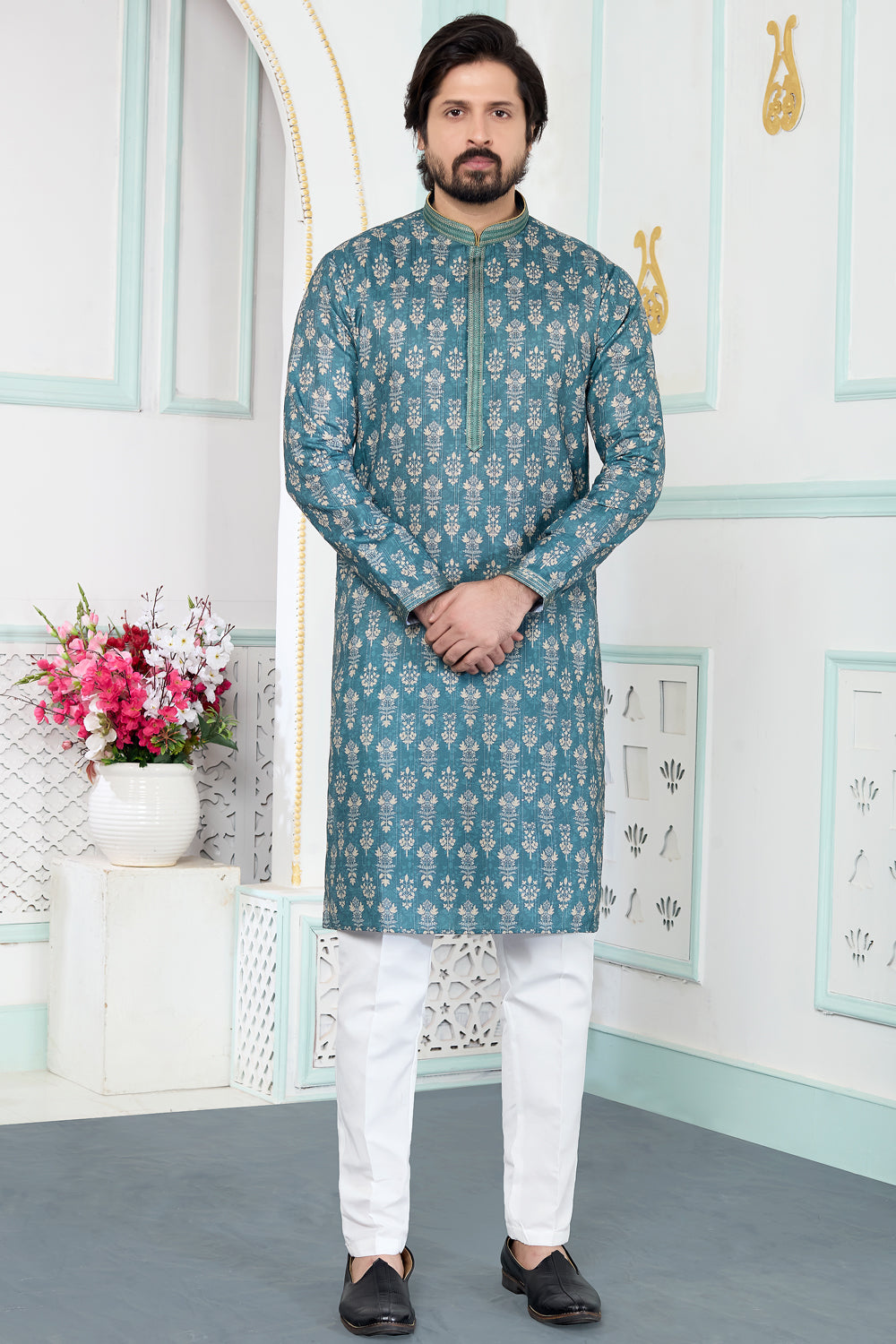 Green Art Silk Mens Kurta Pajama (NMK-8866)