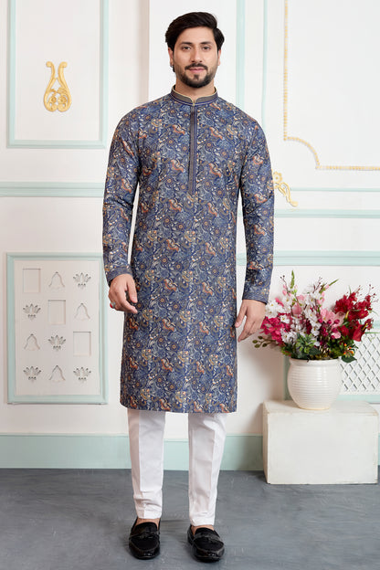 Blue Art Silk Digital Printed Kurta Pajama (NMK-8870)