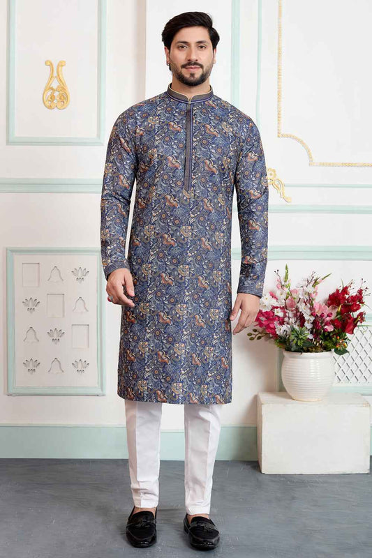 Blue Art Silk Digital Printed Kurta Pajama (NMK-8870)