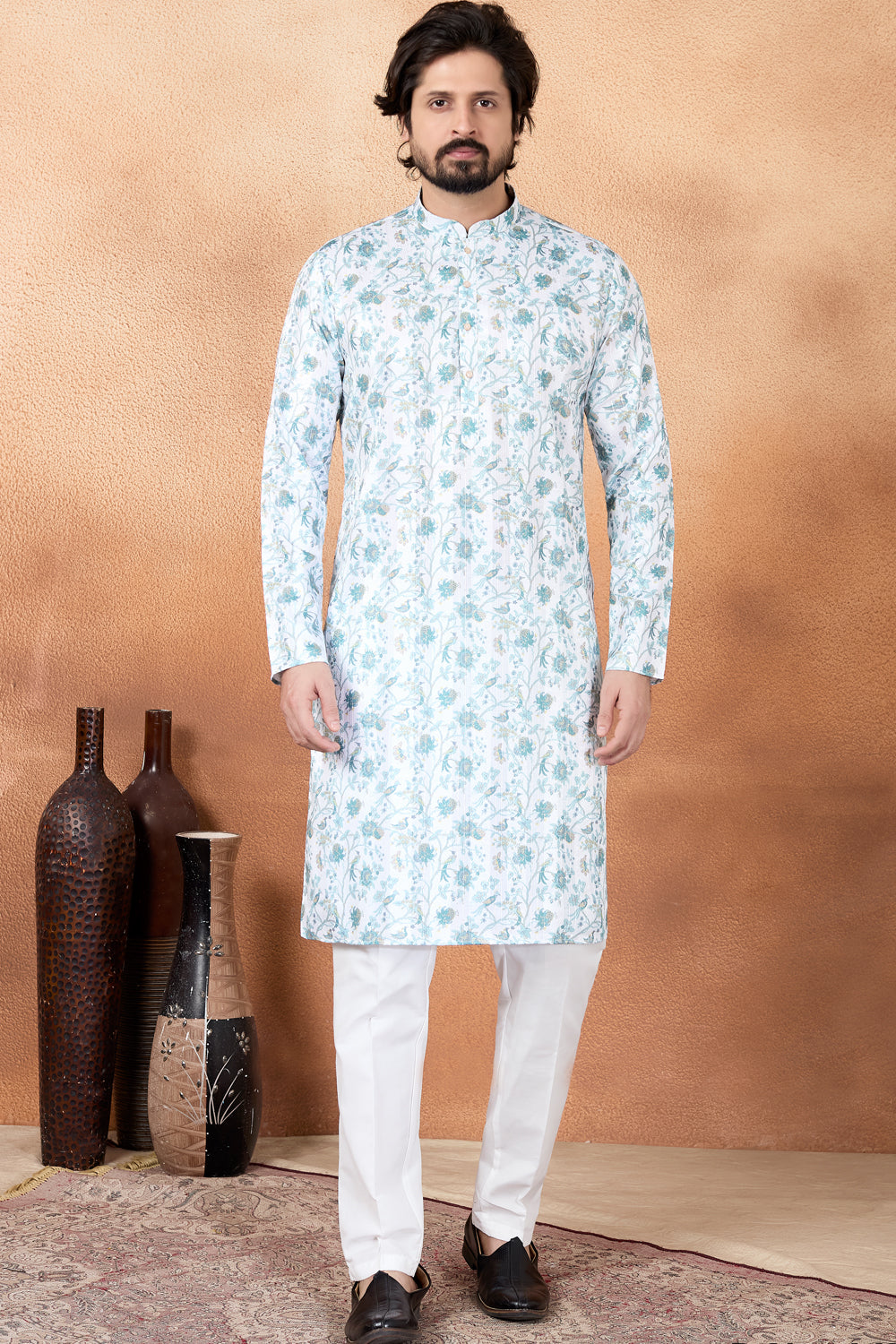Cream Art Silk Digital Printed Kurta Pajama (NMK-8871)