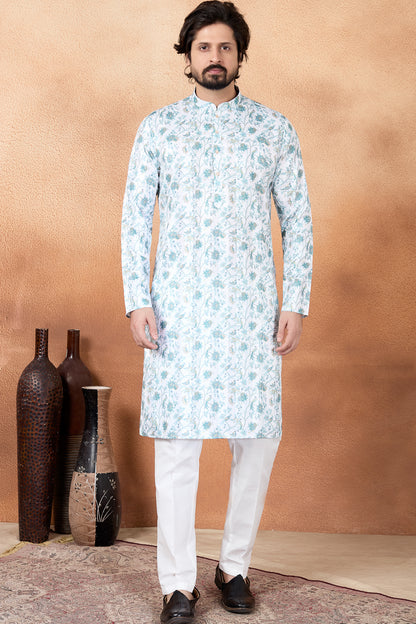 Cream Art Silk Digital Printed Kurta Pajama (NMK-8871)
