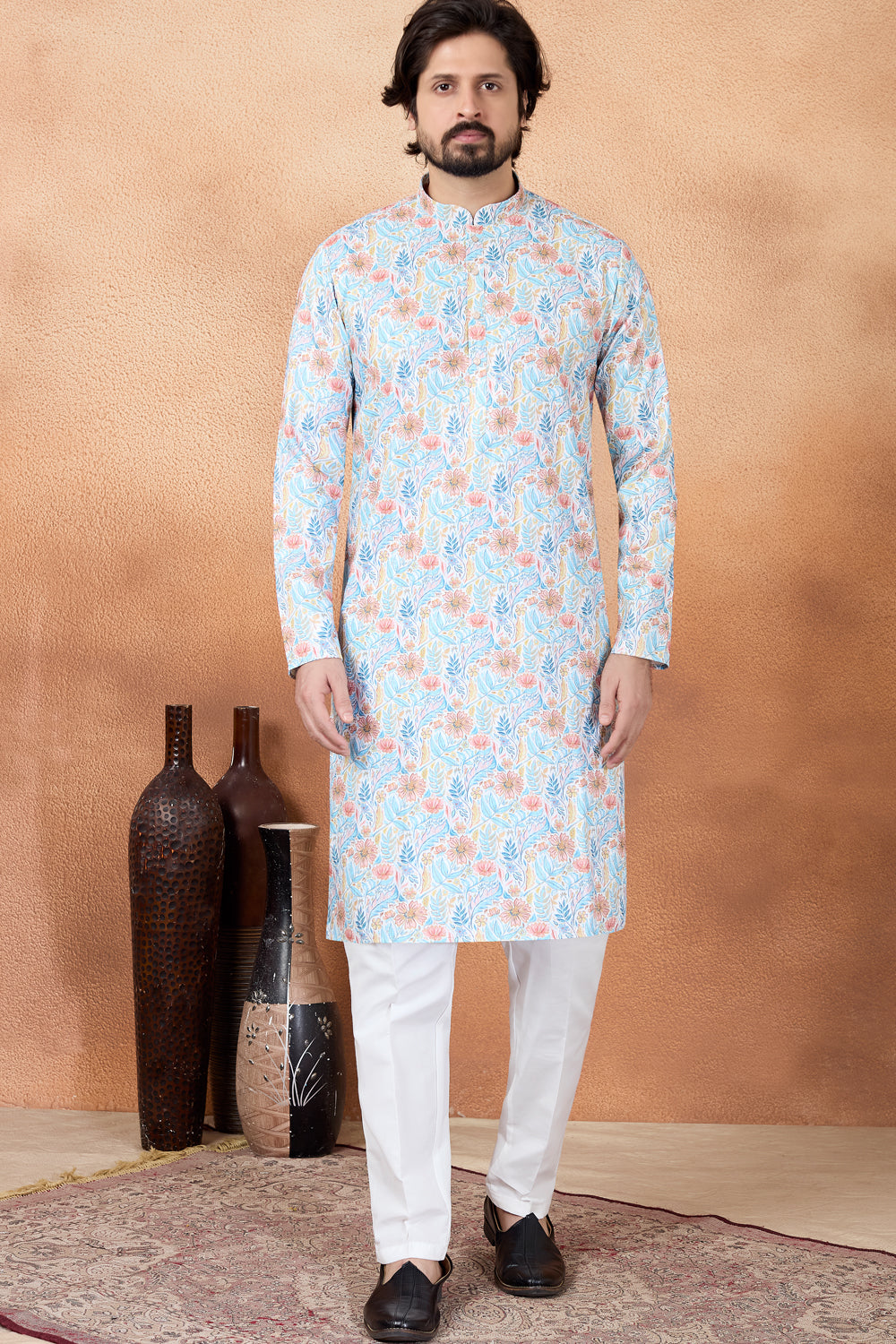Blue Art Silk Digital printed Kurta Pajama (NMK-8873)
