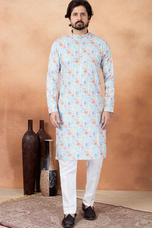 Blue Art Silk Digital printed Kurta Pajama (NMK-8873)