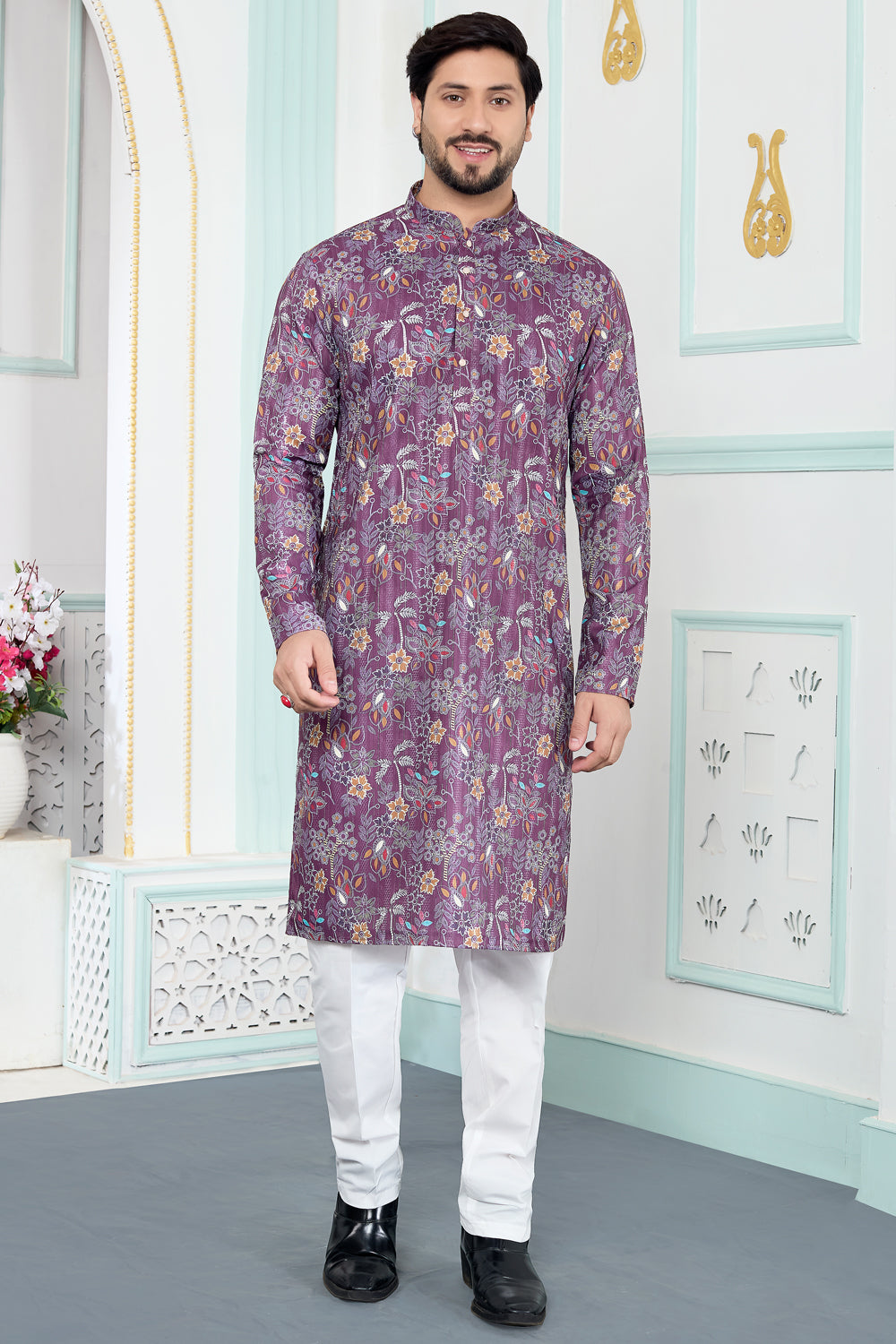 Purple Art Silk Digital Printed Kurta Pajama (NMK-8877)