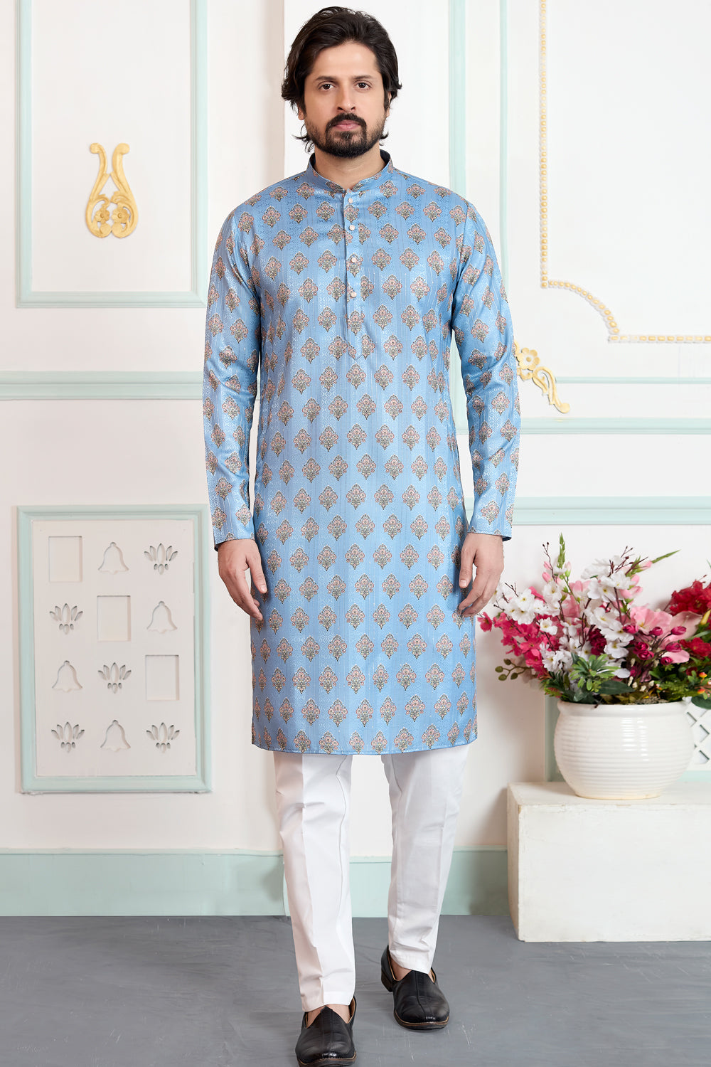 Blue Art Silk Kurtas for Men (NMK-8878)