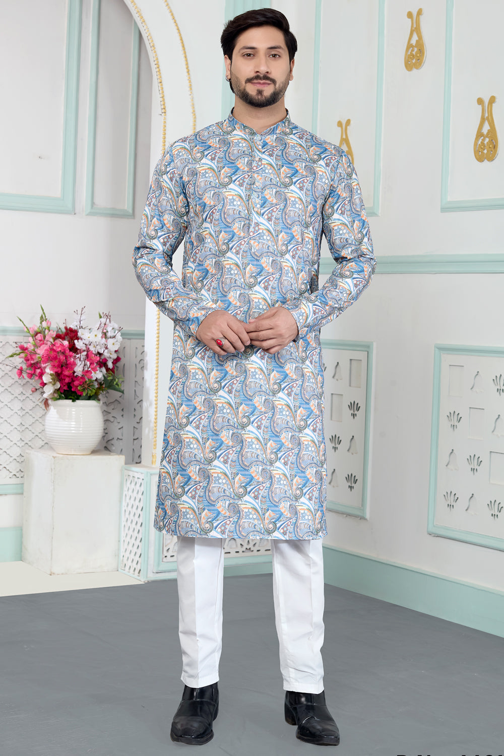 Blue Art Silk Mens Kurta Pajama (NMK-8881)