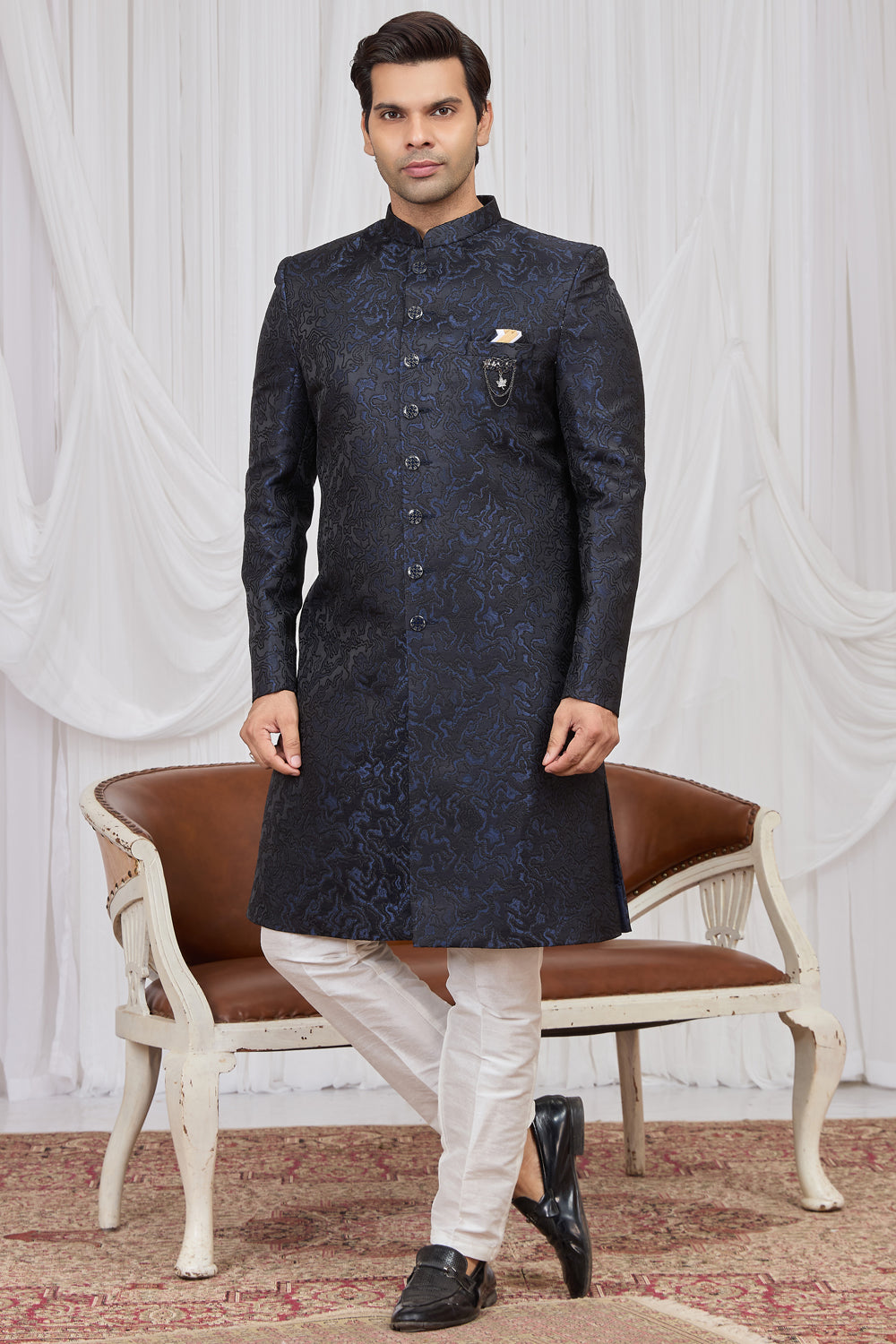 Navy Blue Jaquard Indo Western (NMK-8891)