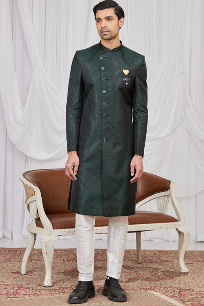Green Jaquard Mens Indo Western (NMK-8892)