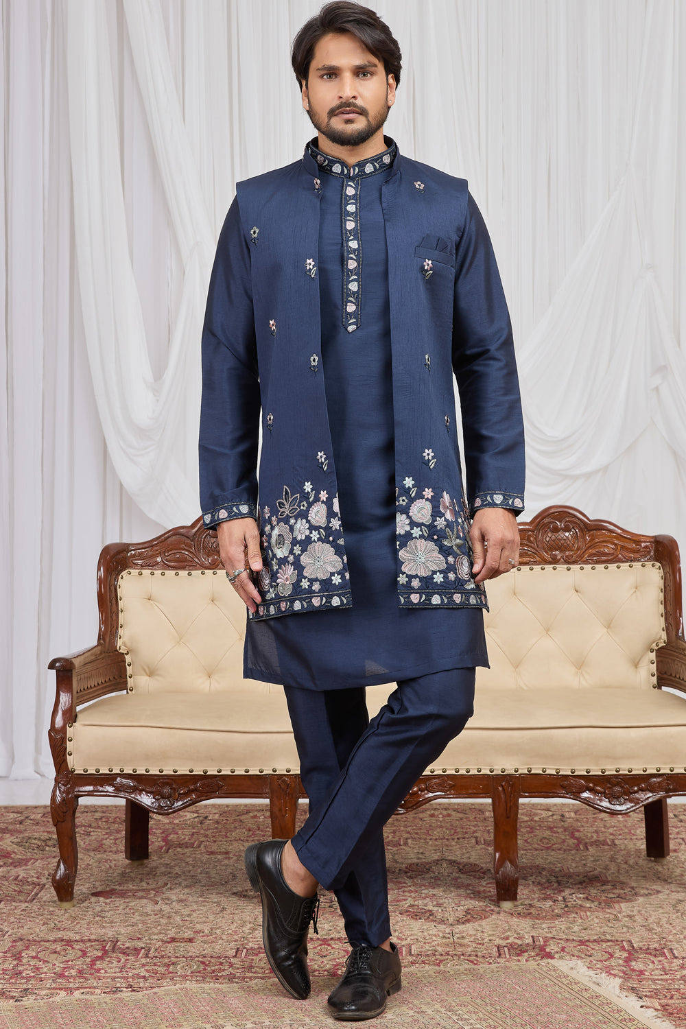 Navy Blue Art Silk Indo Western (NMK-8896)