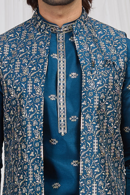 Teal Blue Art Silk Nehru Jacket (NMK-8897)