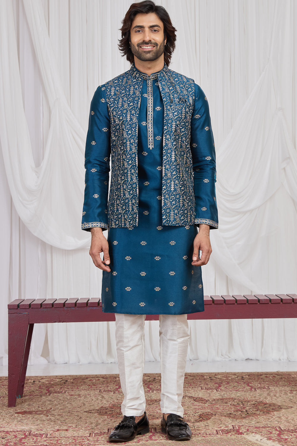 Teal Blue Art Silk Nehru Jacket (NMK-8897)
