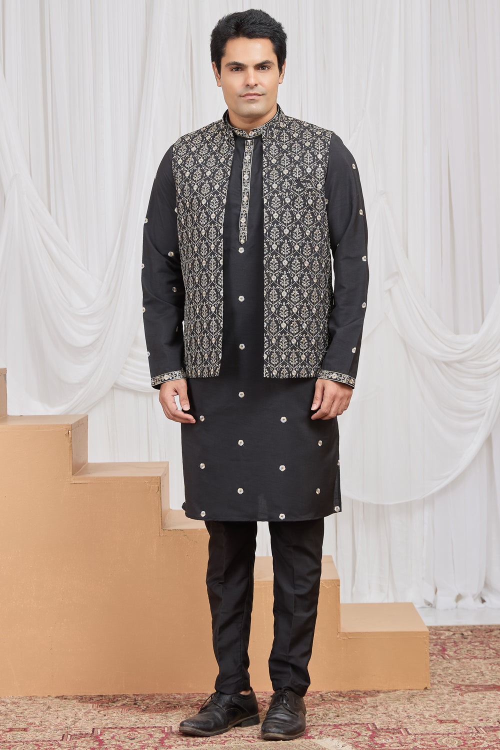 Black Art Silk Nehru Jacket (NMK-8900)