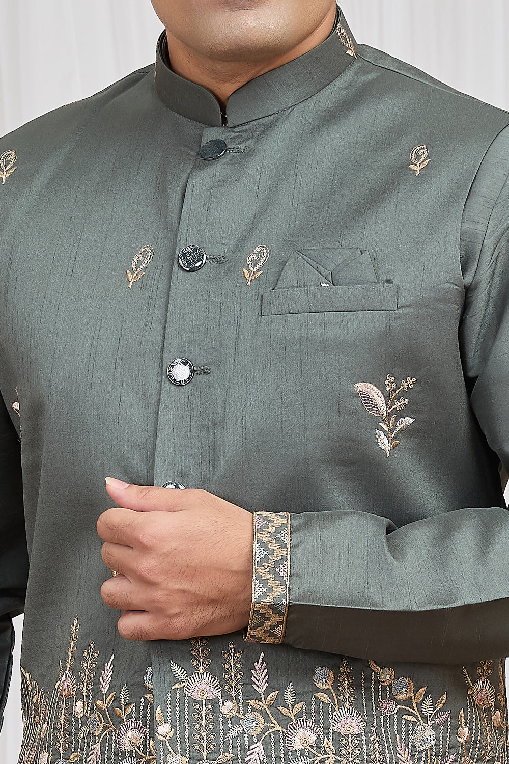 Olive Green Art Silk Nehru Jacket (NMK-8903)