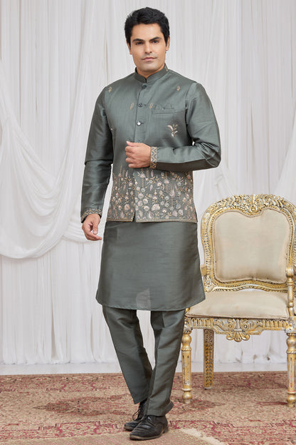 Olive Green Art Silk Nehru Jacket (NMK-8903)