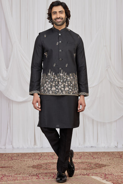 Black Art Silk Nehru Jacket (NMK-8904)