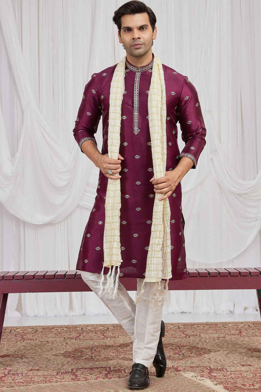 Wine Art Silk Kurta Pajama (NMK-8906)