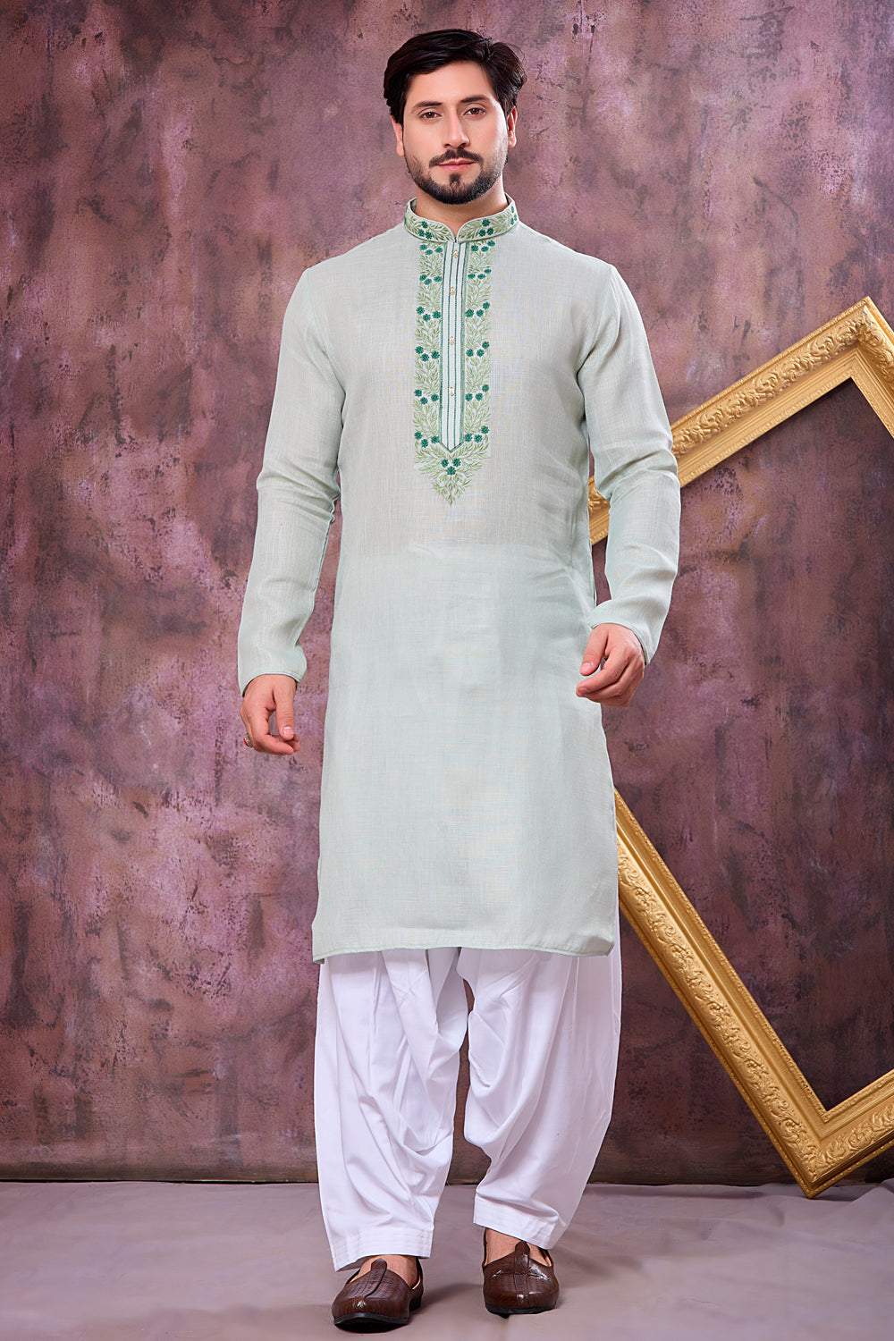 Pista Green Semi Linen Cotton Kurta Pajama (NMK-8931)