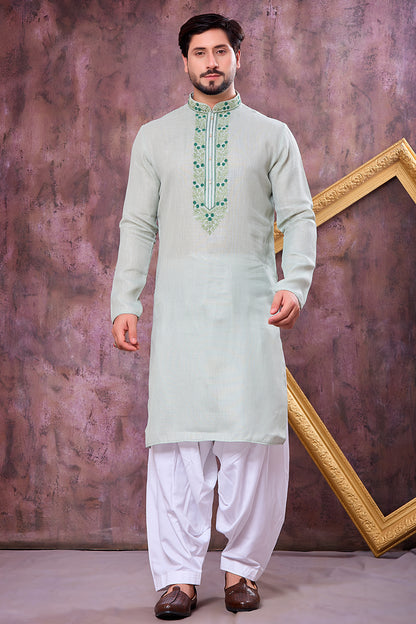 Pista Green Semi Linen Cotton Kurta Pajama (NMK-8931)