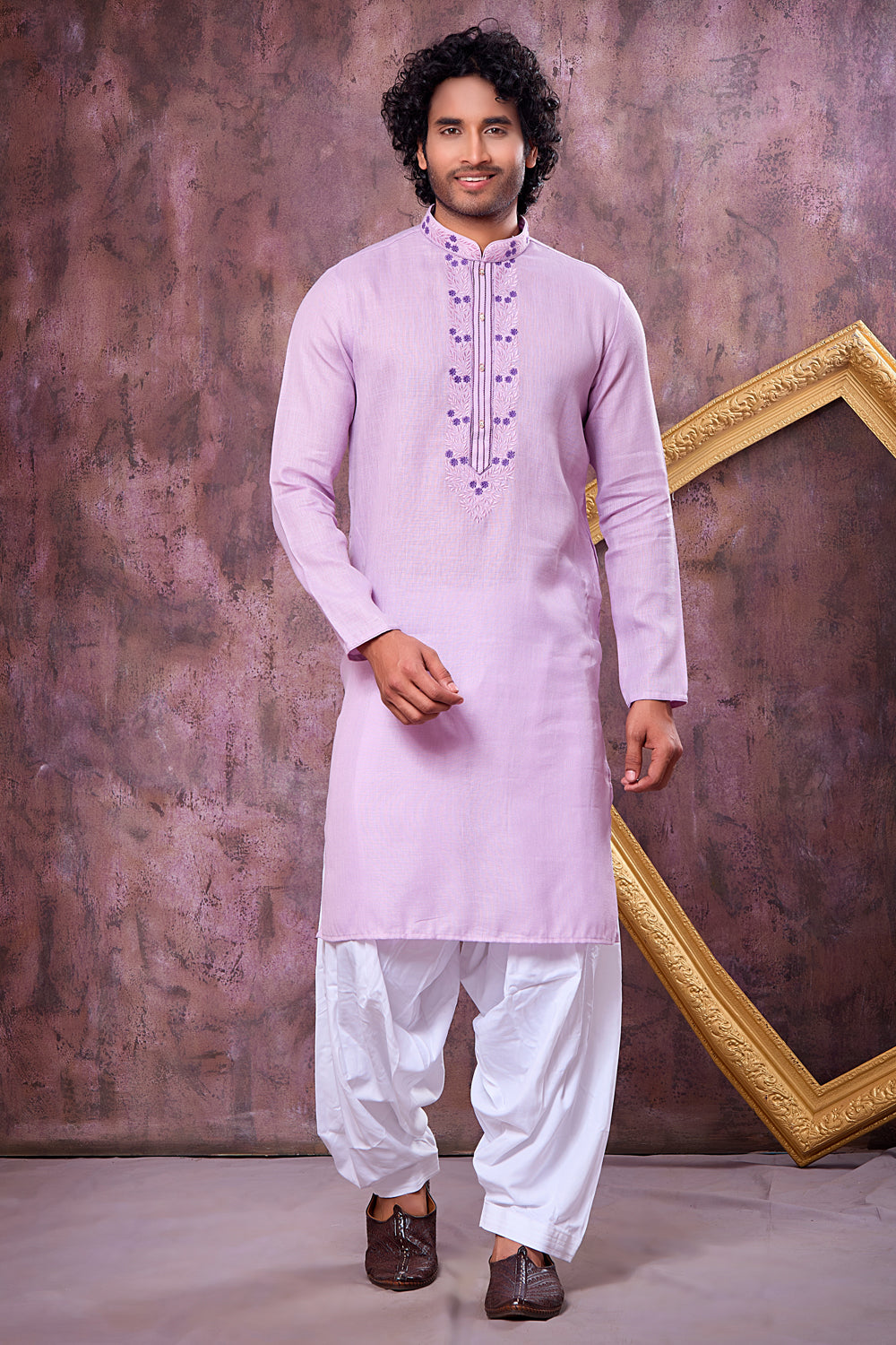 Purple Semi Linen Cotton Kurta Pajama (NMK-8932)