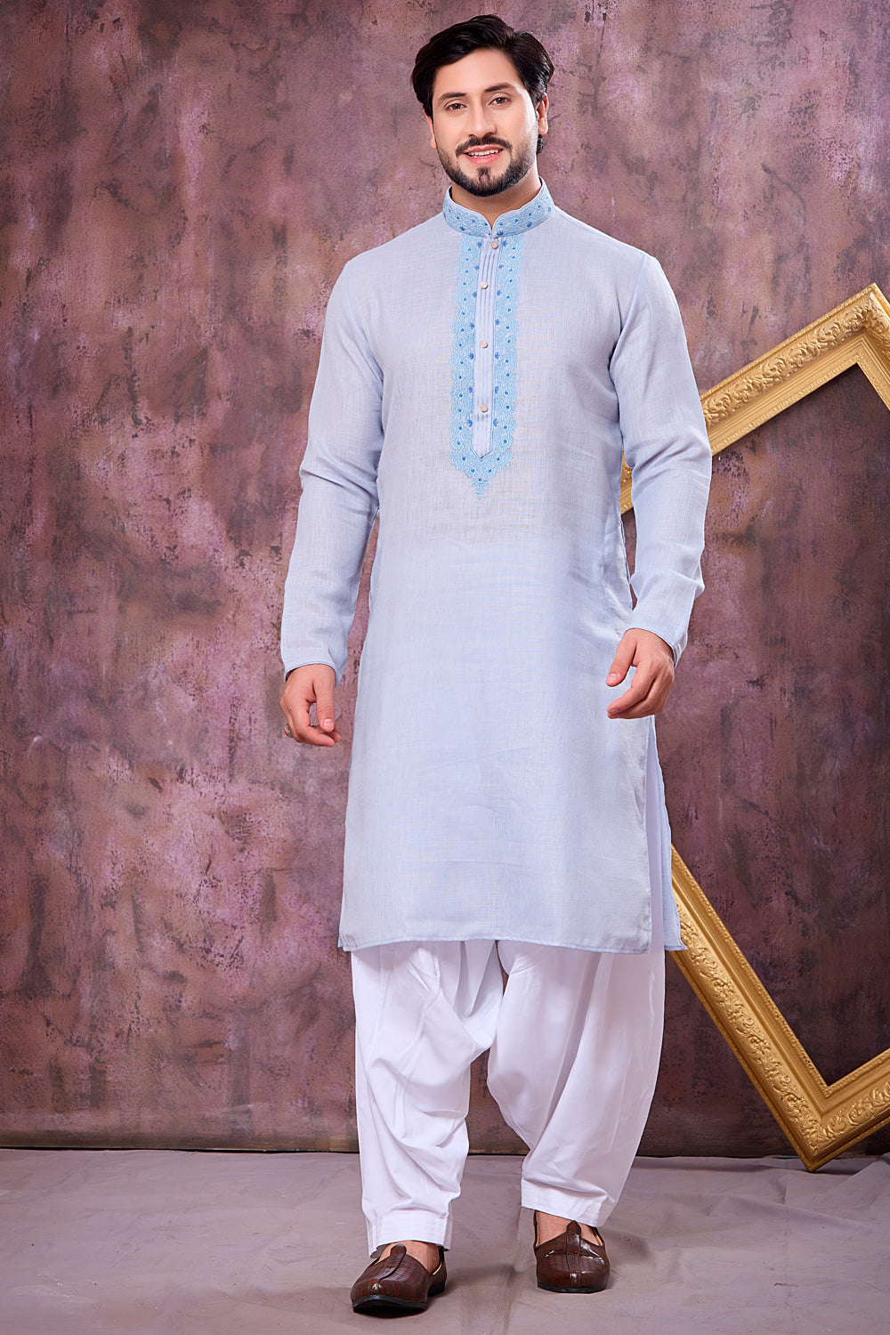 Sky Blue Semi Linen Cotton Kurta Pajama (NMK-8933)