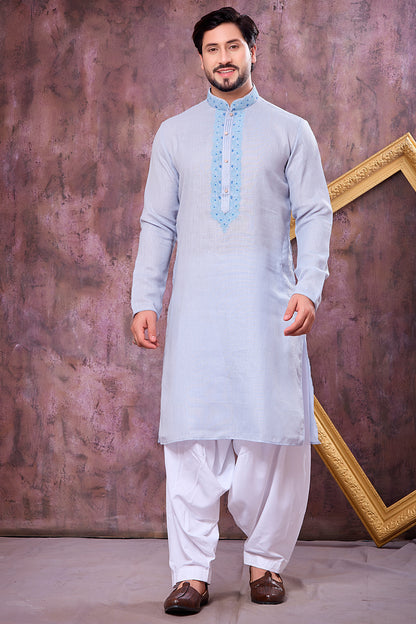 Sky Blue Semi Linen Cotton Kurta Pajama (NMK-8933)