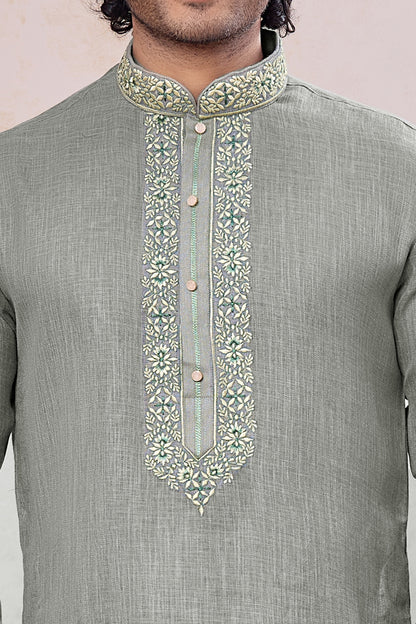 Green Semi Linen Cotton Kurta Pajama (NMK-8934)