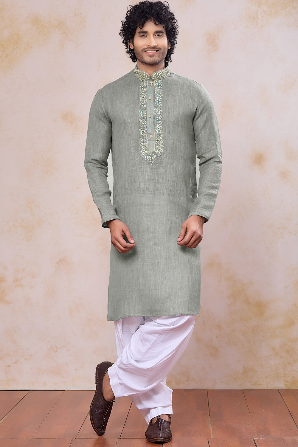 Green Semi Linen Cotton Kurta Pajama (NMK-8934)