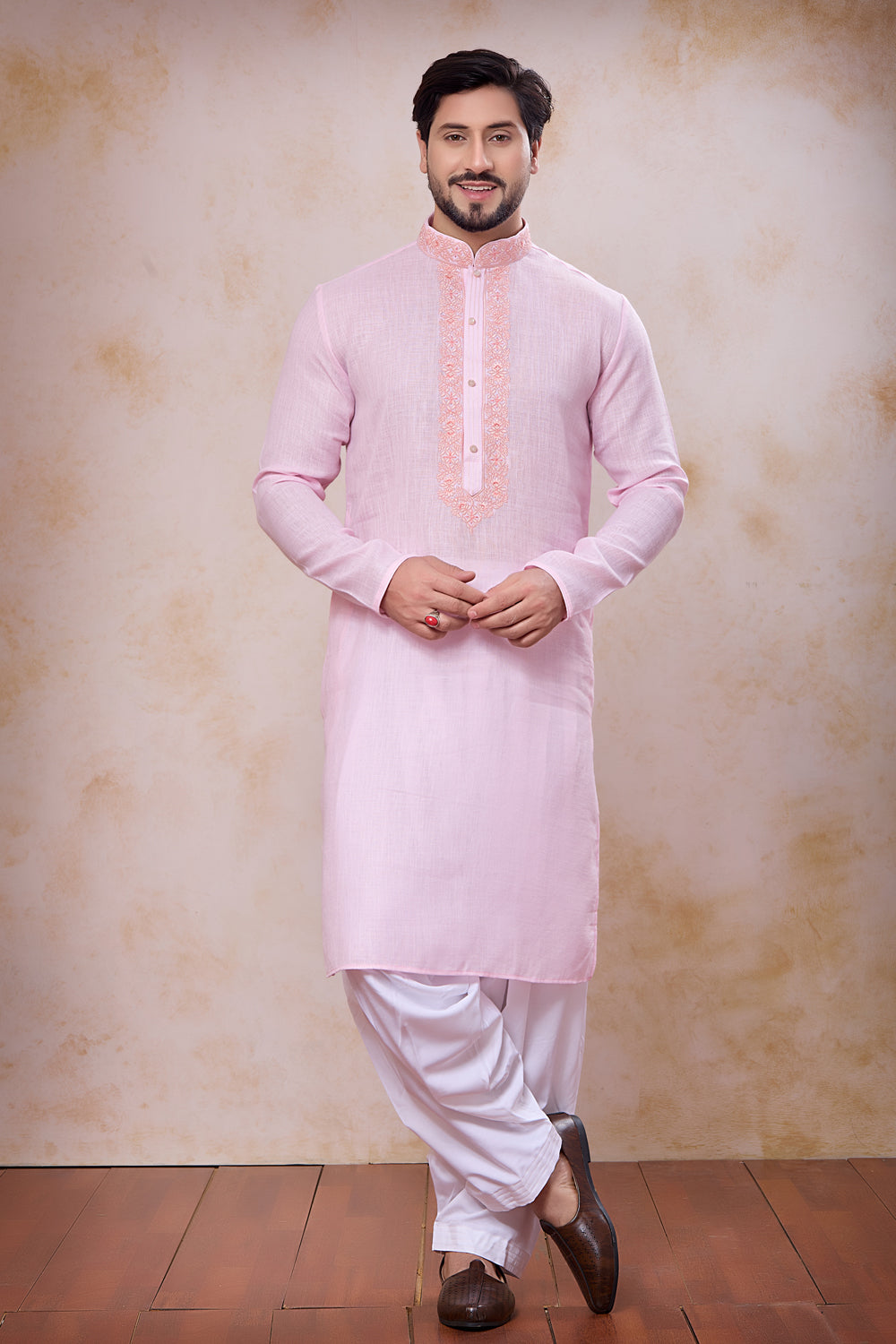 Pink Semi Linen Cotton Kurta Pajama (NMK-8935)