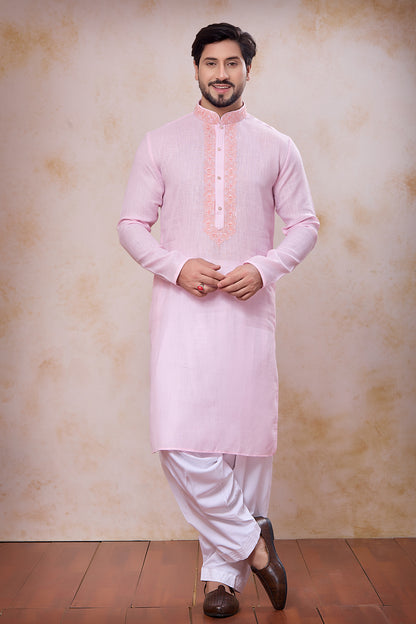 Pink Semi Linen Cotton Kurta Pajama (NMK-8935)