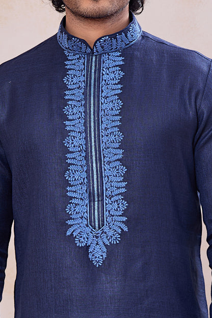 Navy Blue Semi Linen Cotton Kurta Pajama (NMK-8936)