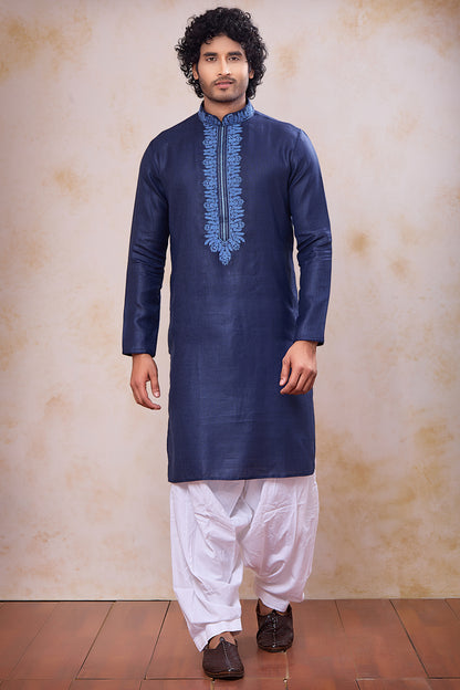 Navy Blue Semi Linen Cotton Kurta Pajama (NMK-8936)