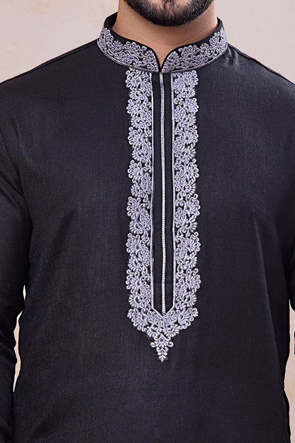 Black Semi Linen Cotton Kurta Pajama (NMK-8937)