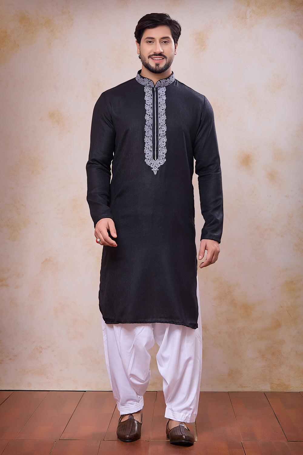 Black Semi Linen Cotton Kurta Pajama (NMK-8937)