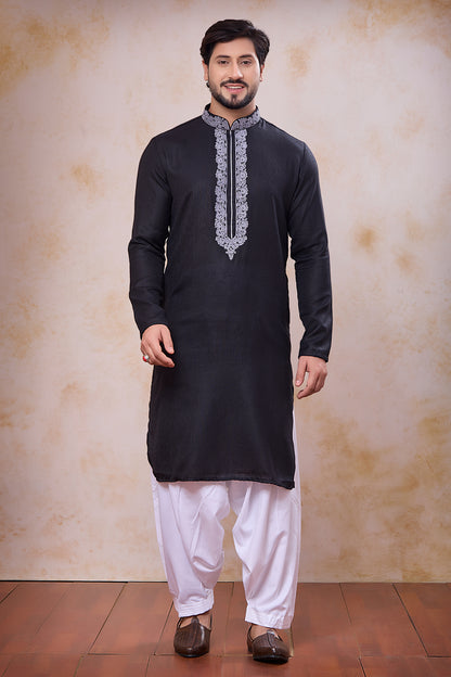 Black Semi Linen Cotton Kurta Pajama (NMK-8937)