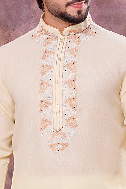 Yellow Semi Linen Cotton Kurta Pajama (NMK-8939)