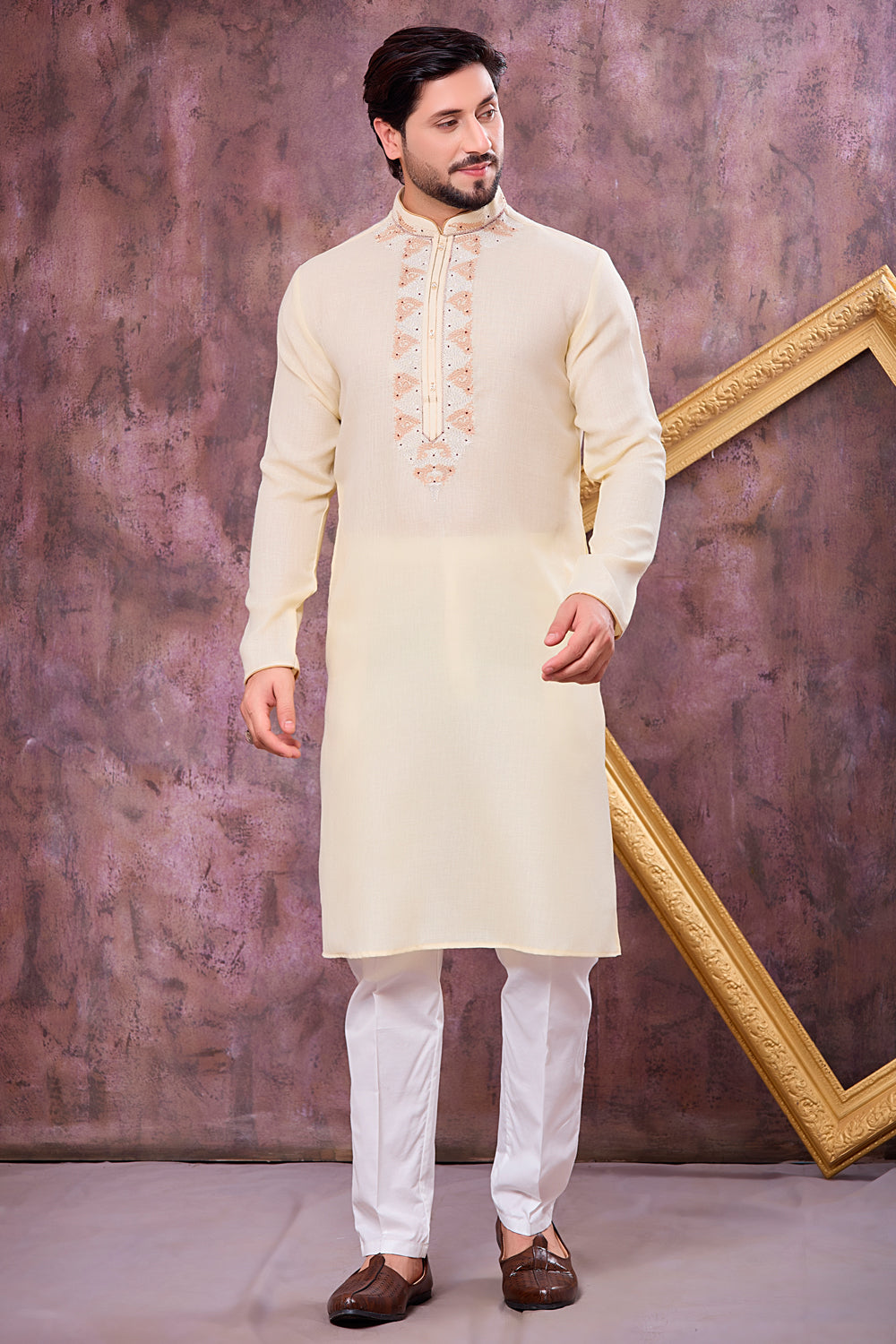 Yellow Semi Linen Cotton Kurta Pajama (NMK-8939)