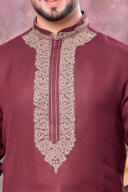 Maroon Semi Linen Cotton Kurta Pajama (NMK-8941)
