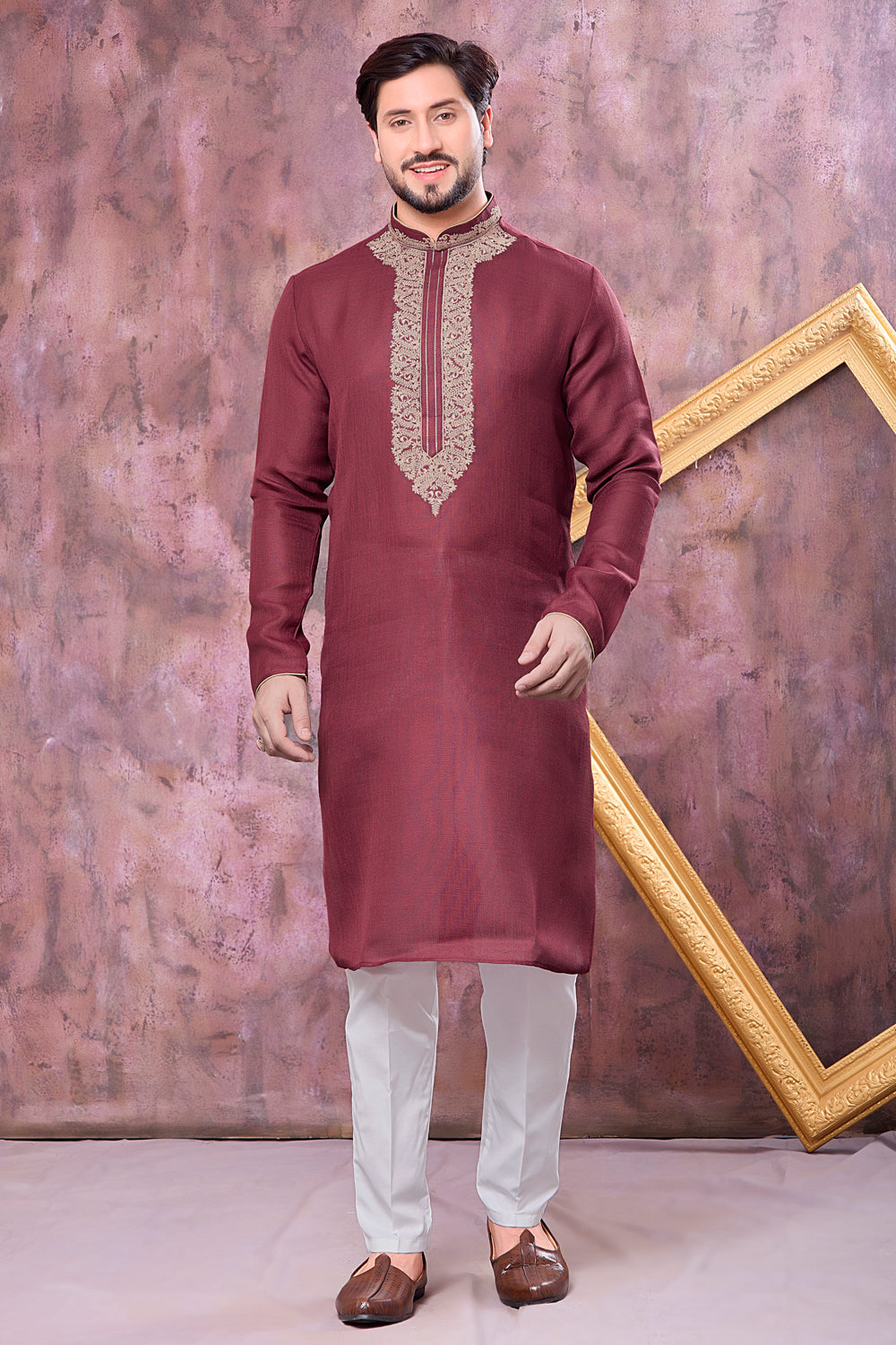 Maroon Semi Linen Cotton Kurta Pajama (NMK-8941)