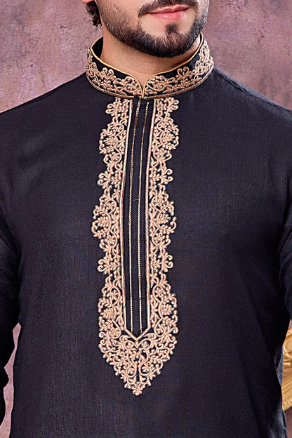 Black Semi Linen Cotton Kurta for Men (NMK-8942)