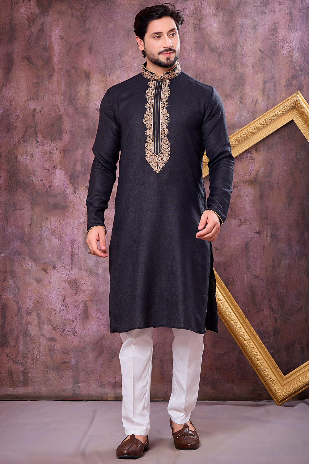 Black Semi Linen Cotton Kurta for Men (NMK-8942)
