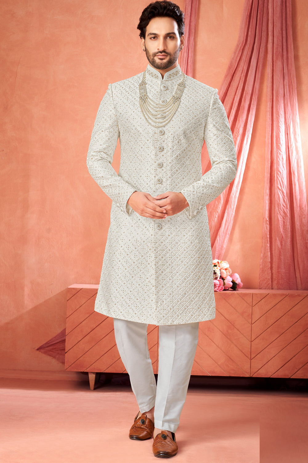 Off White Art Silk Sherwani (NMK-8943)
