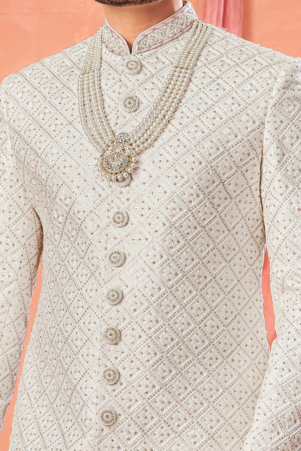 Off White Art Silk Wedding Sherwani (NMK-8944)