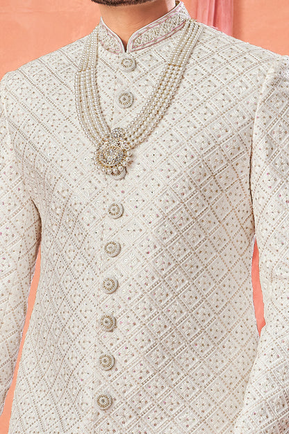 Off White Art Silk Wedding Sherwani (NMK-8944)