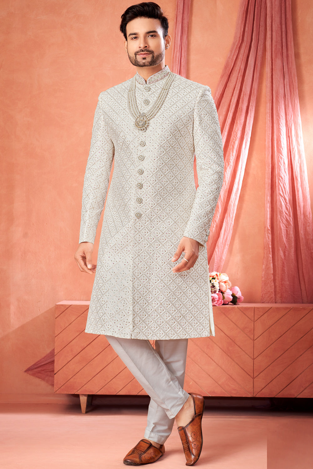 Off White Art Silk Wedding Sherwani (NMK-8944)
