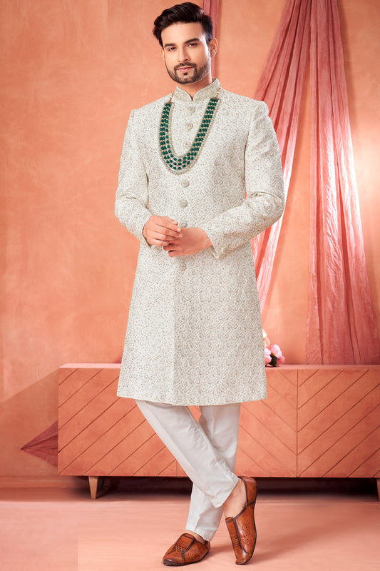 Off White Art Silk Mens Sherwani (NMK-8945)